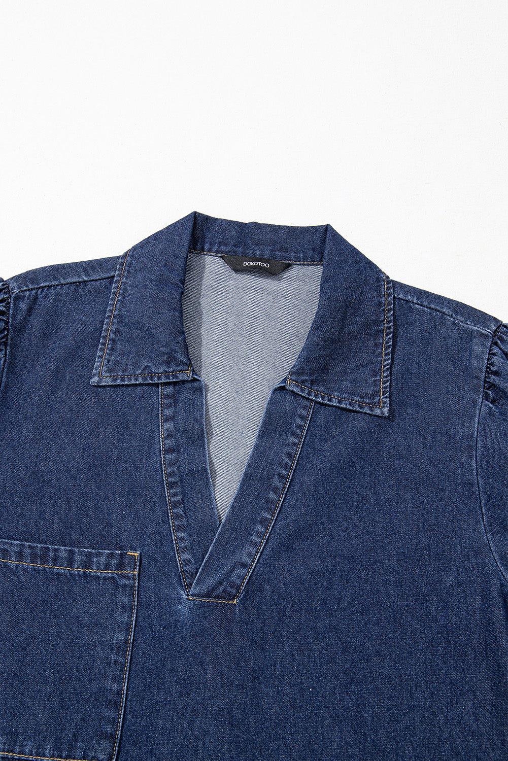 Sail Blue V Neck Collared Single Chest Pocket Long Sleeve Denim Dress