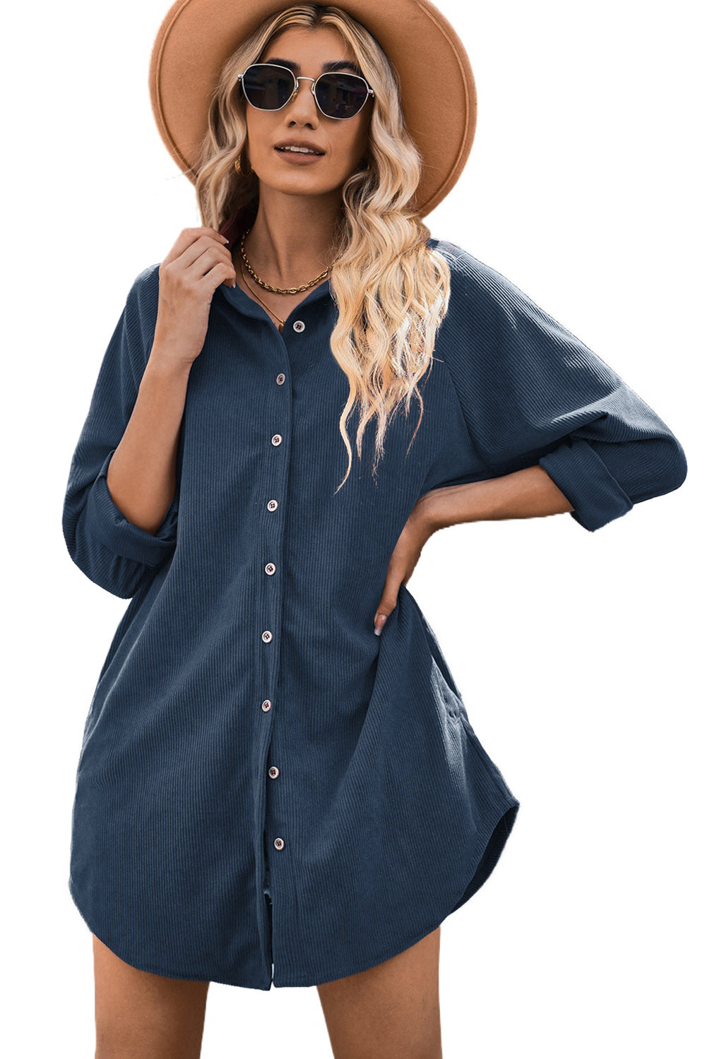 Blue Corduroy Shirt Style Full Button Long Sleeve Shift Mini Dress