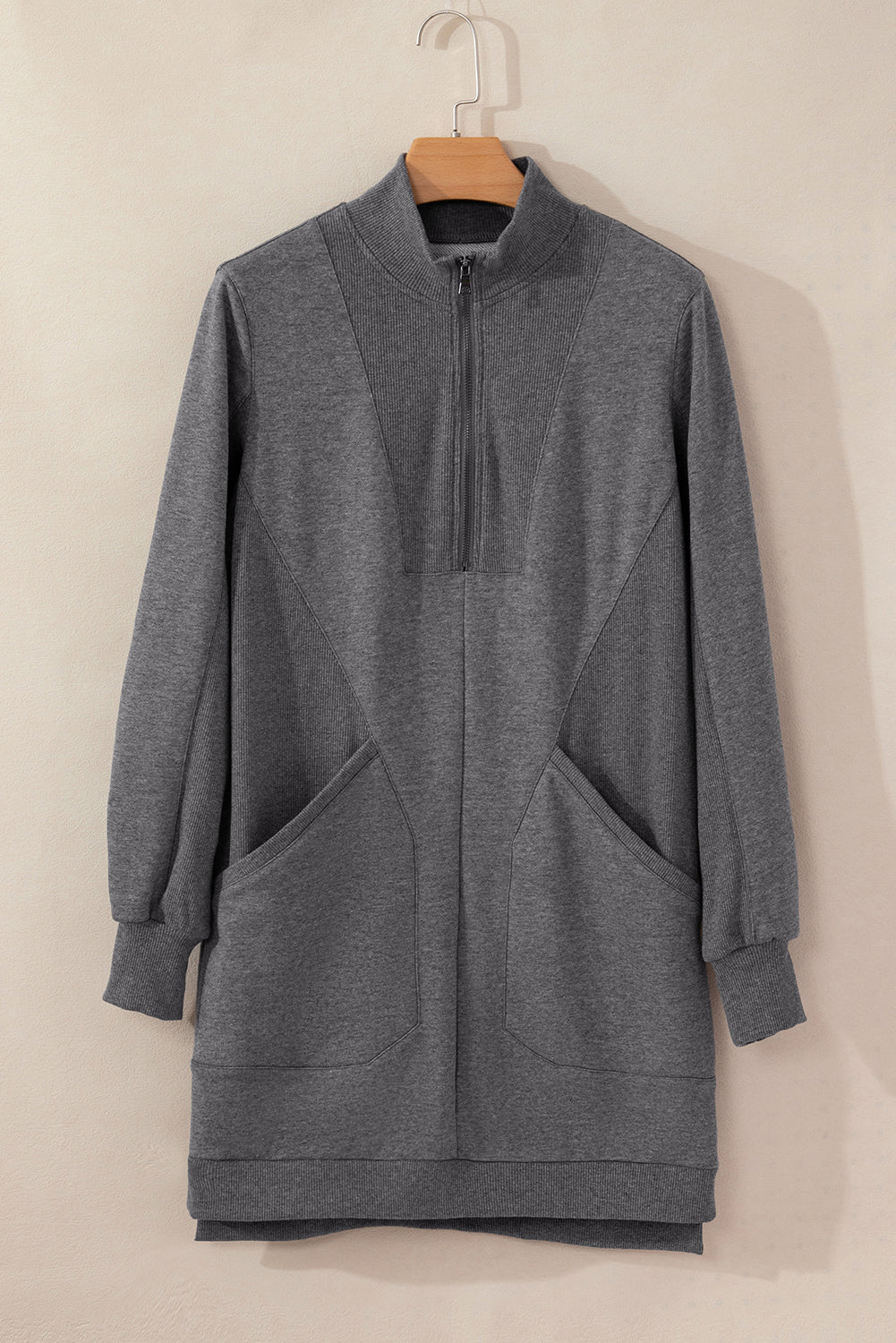 Dark Grey Zip up Collared Ribbed Patchwork Sweatshirt Dress with Pockets