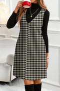 Khaki Houndstooth Print V Neck Sleeveless Mini Dress