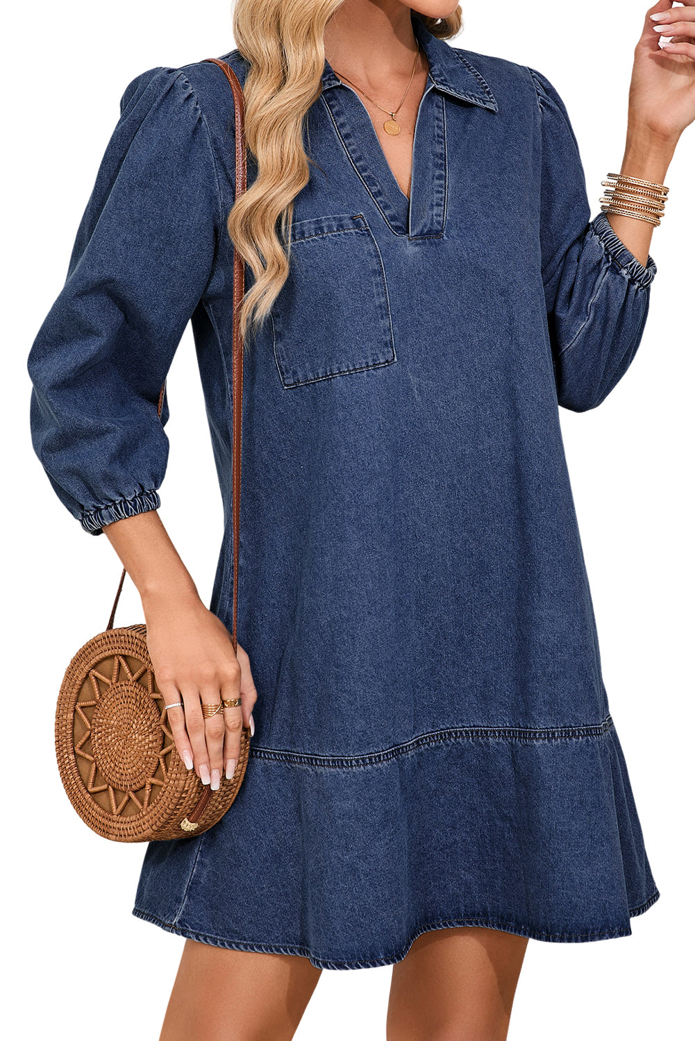 Sail Blue V Neck Collared Single Chest Pocket Long Sleeve Denim Dress