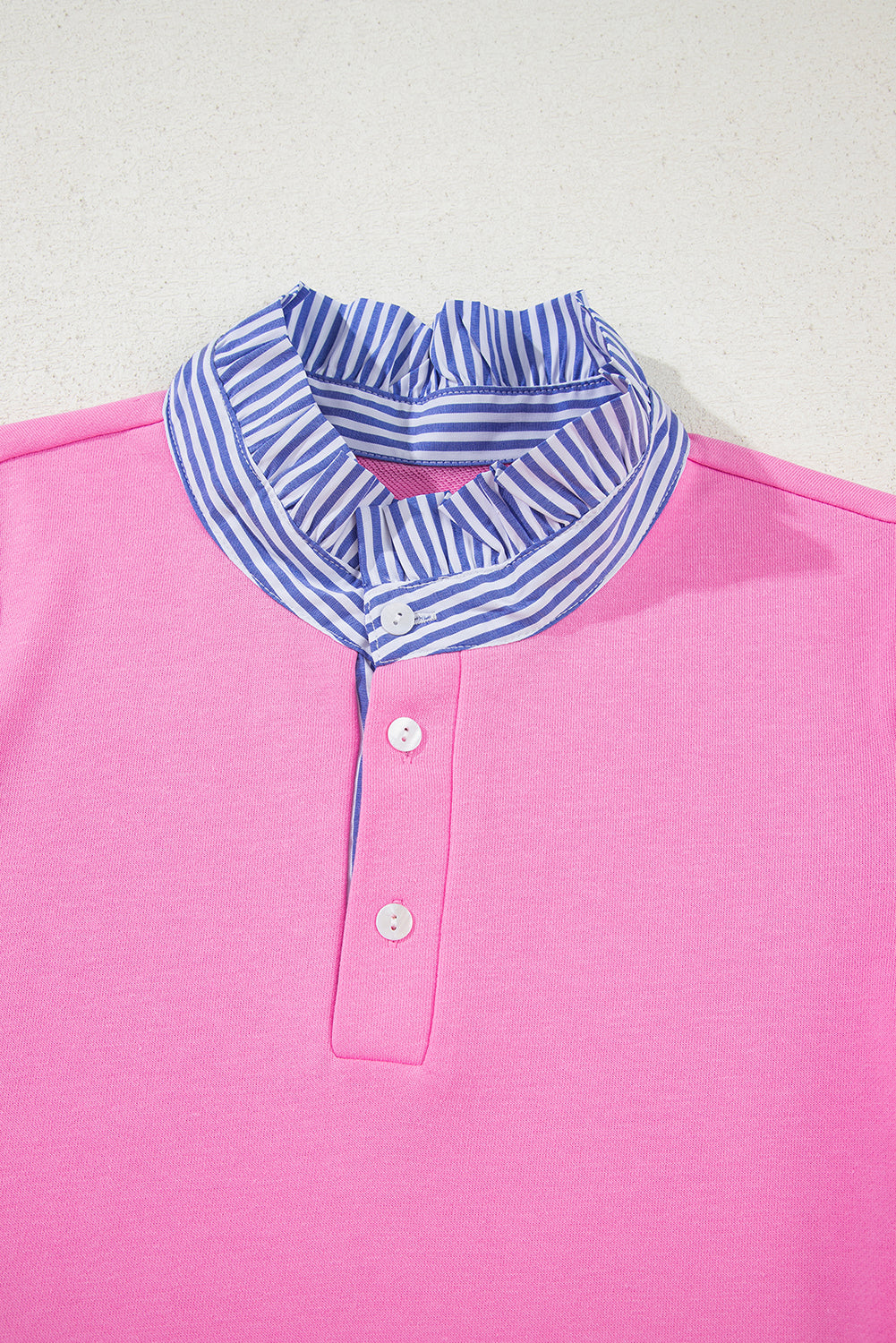 Pink Contrast Striped Collar Patchwork Puff Sleeve Ruffle Hem Mini Dress