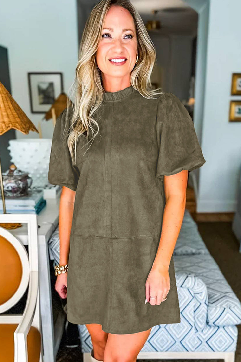 Moss Green Frilled Round Neck Short Puff Sleeve Shift Mini Dress