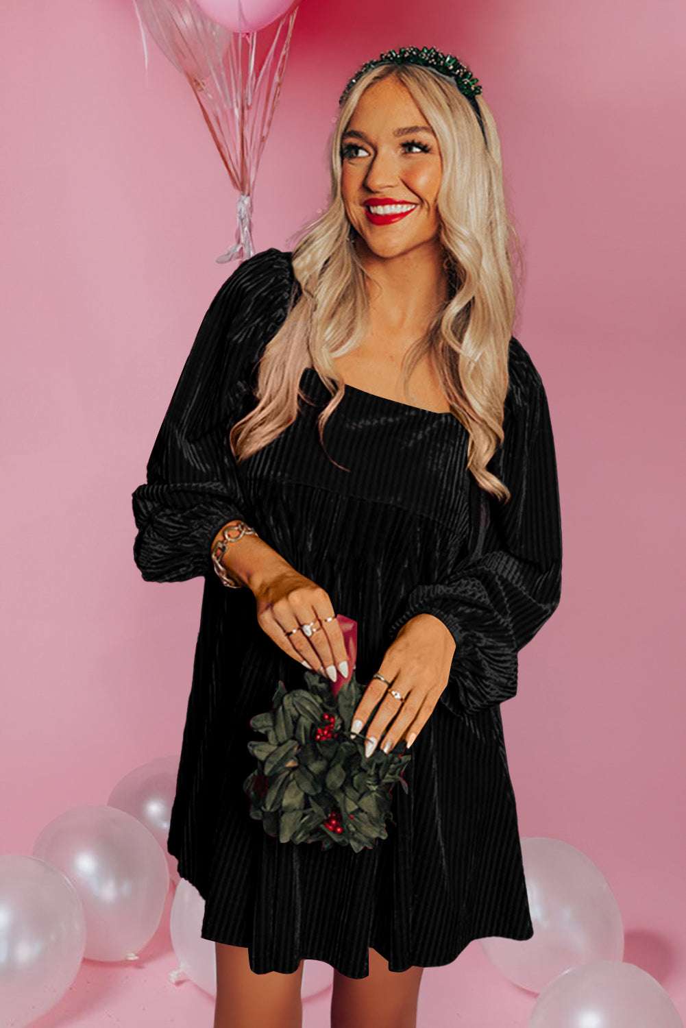 Black Tie Back Square Neck Velvet Babydoll Dress