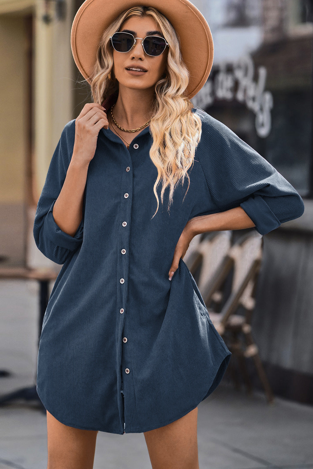 Blue Corduroy Shirt Style Full Button Long Sleeve Shift Mini Dress