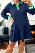 Navy Blue Contrast Striped Cuffs Polo Collar Patchwork Long Sleeve Ruffle Hem Mini Dress