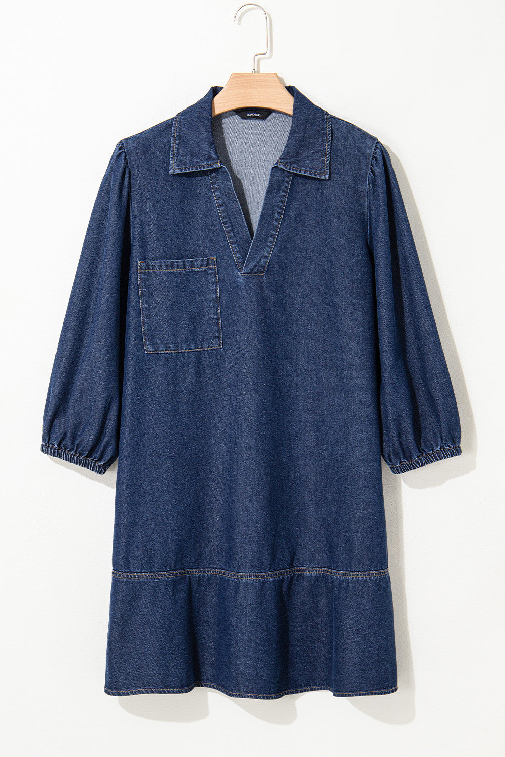 Sail Blue V Neck Collared Single Chest Pocket Long Sleeve Denim Dress