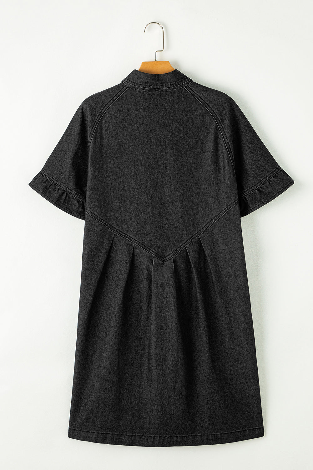 Black Frilled Short Sleeve Button Up Loose Denim Shirt Dress