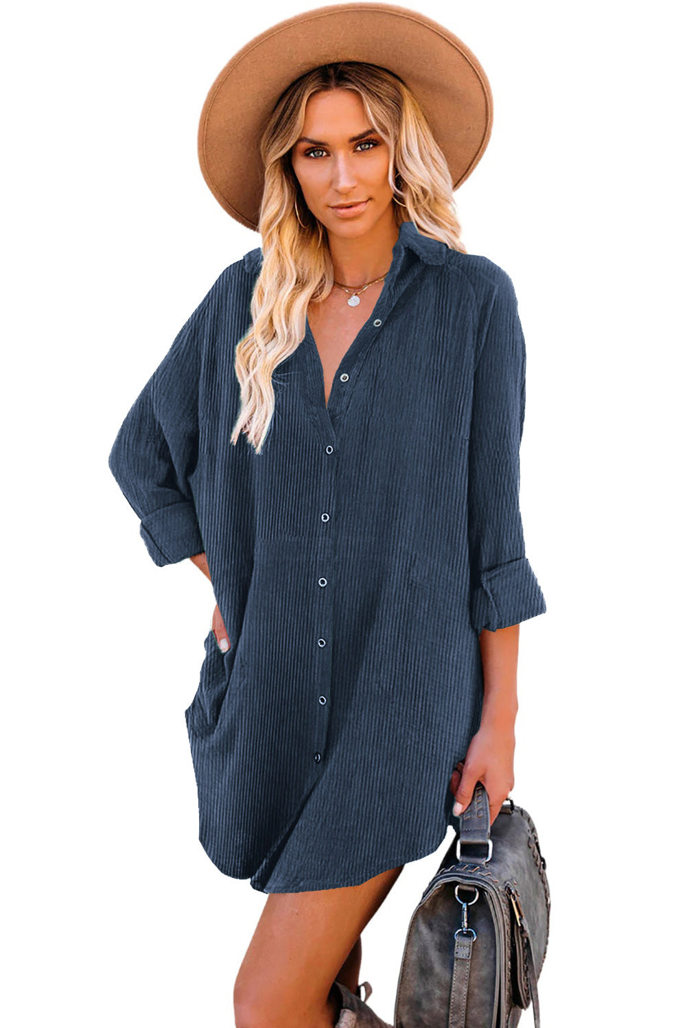 Blue Corduroy Shirt Style Full Button Long Sleeve Shift Mini Dress
