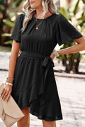 Black Pleated Round Neck Butterfly Sleeve Ruffle Trim Belted Mini Dress
