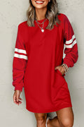 Fiery Red Varsity Contrast Banded Sleeve Shift Sweatshirt Dress