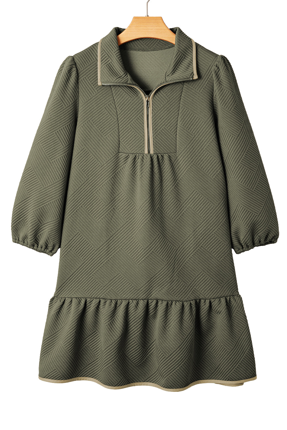 Jungle Green  Quarter Zip Collar Bracelet Sleeve Textured Mini Dress