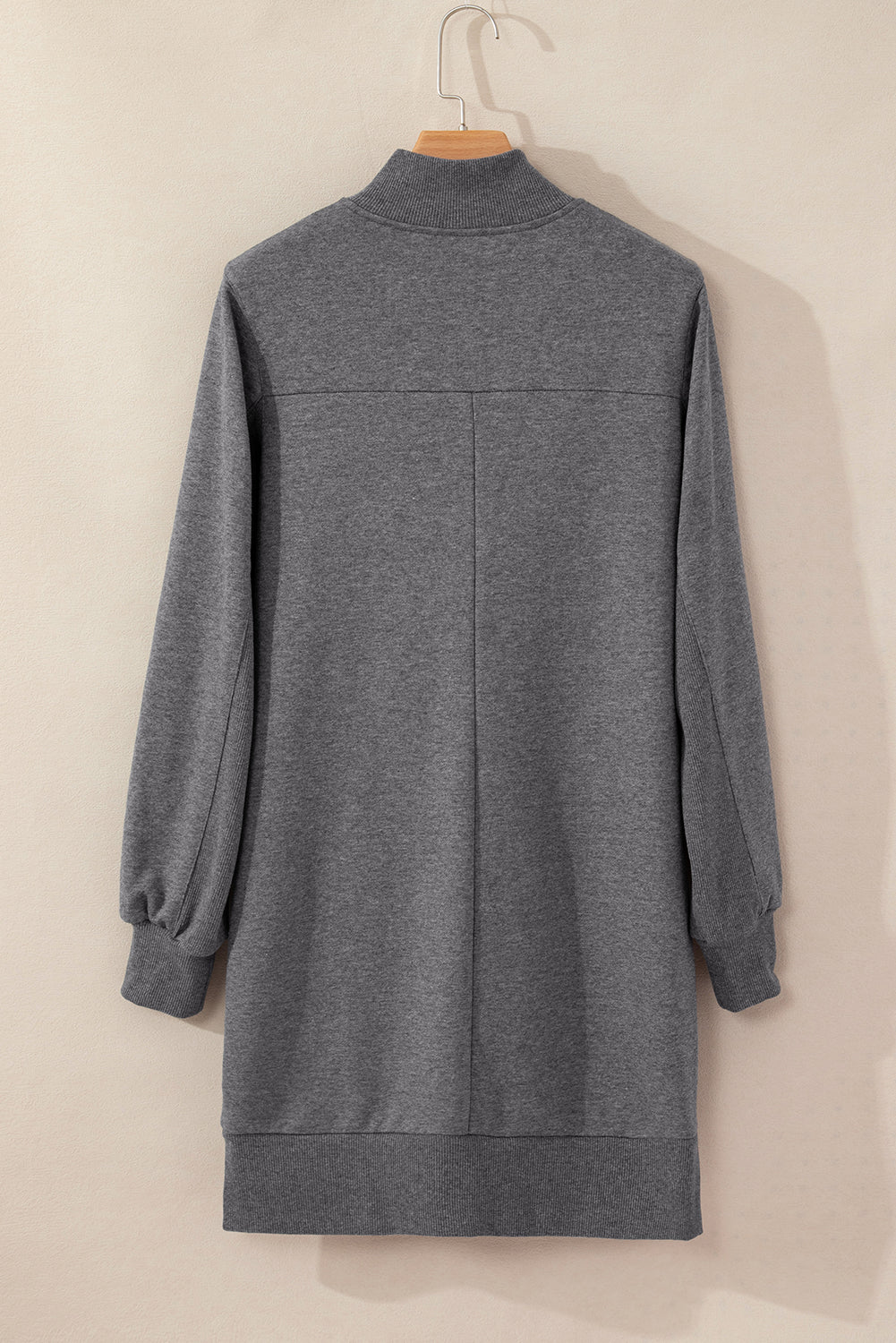 Dark Grey Zip up Collared Ribbed Patchwork Sweatshirt Dress with Pockets