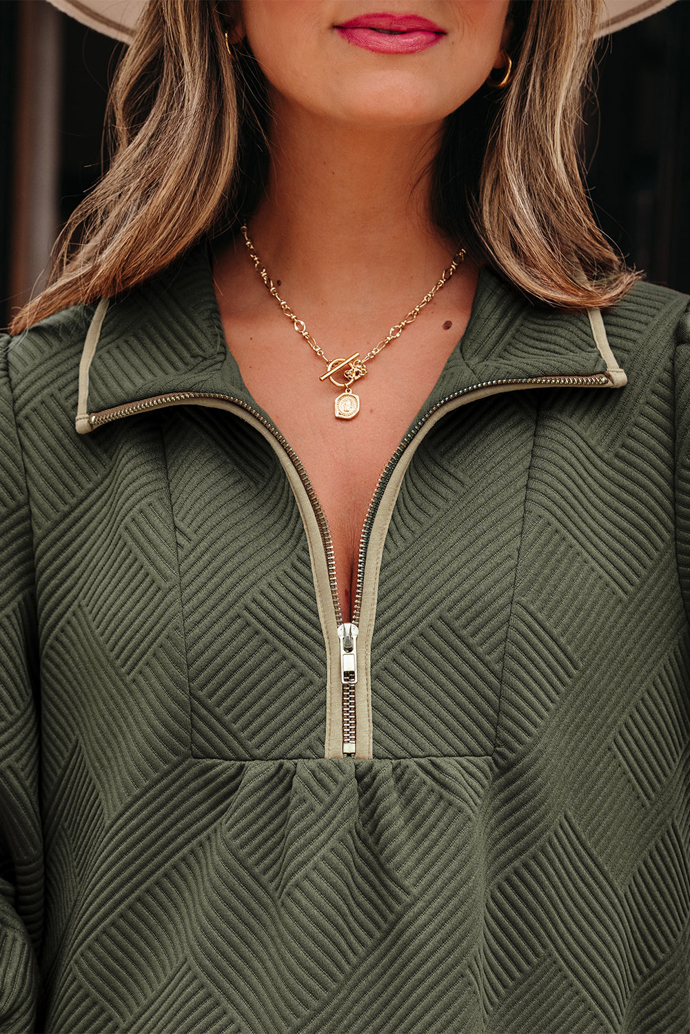 Jungle Green  Quarter Zip Collar Bracelet Sleeve Textured Mini Dress