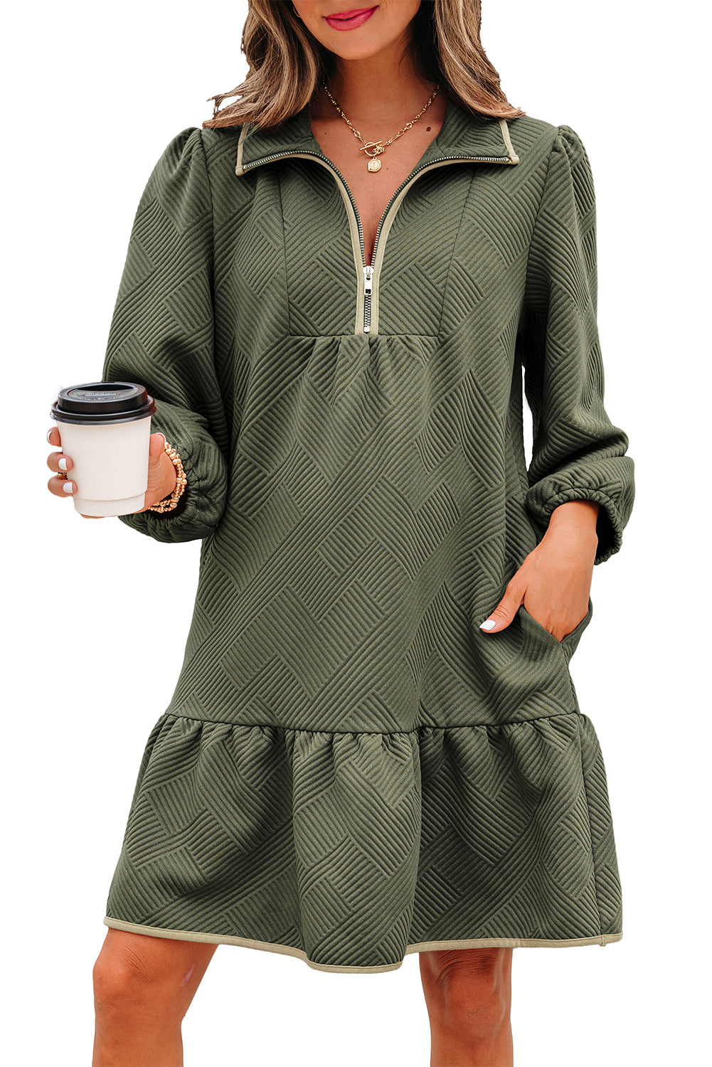 Jungle Green  Quarter Zip Collar Bracelet Sleeve Textured Mini Dress