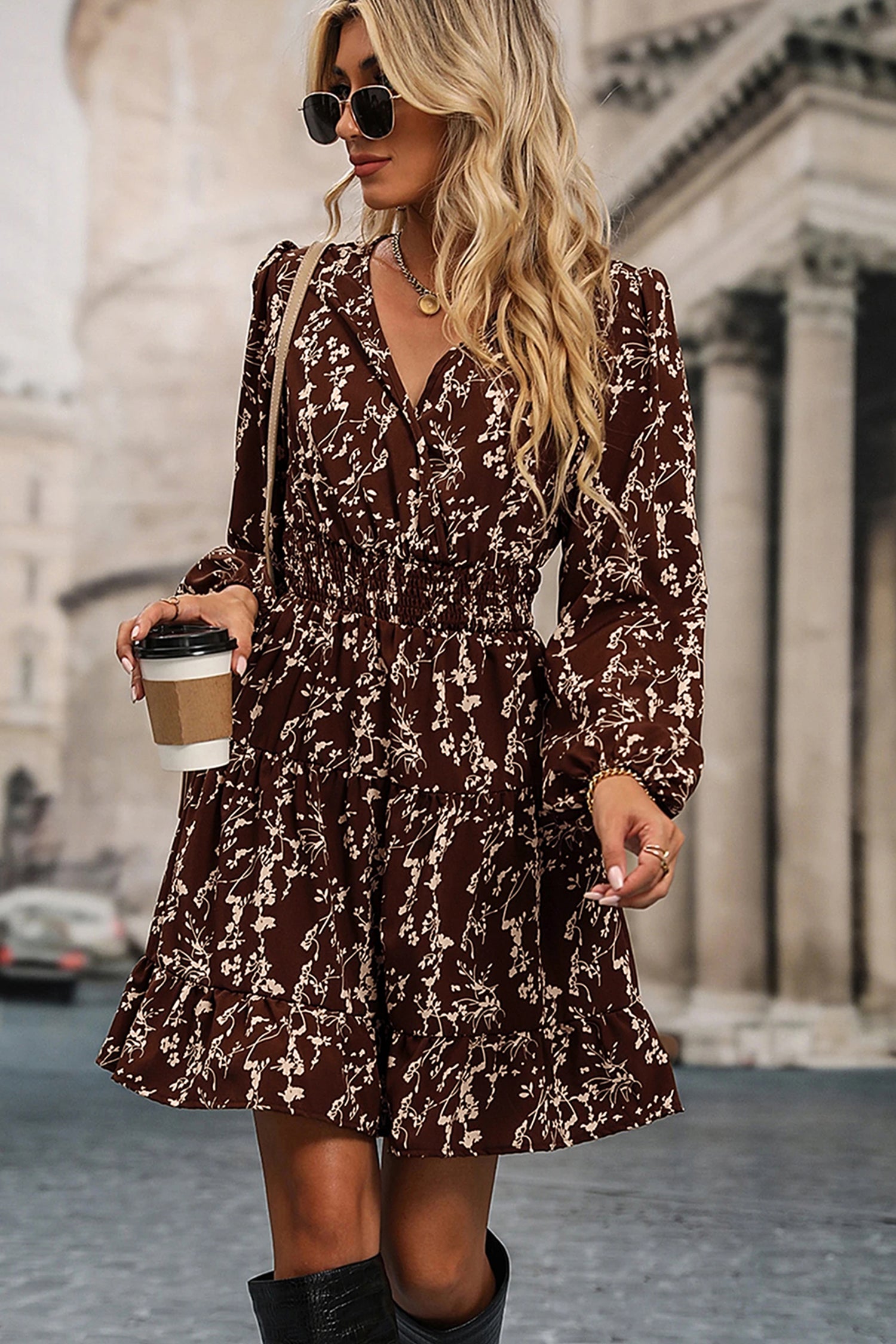 Brown Ditsy Floral Print Split Neck Long Sleeve Shirred Waist Flared Mini Dress