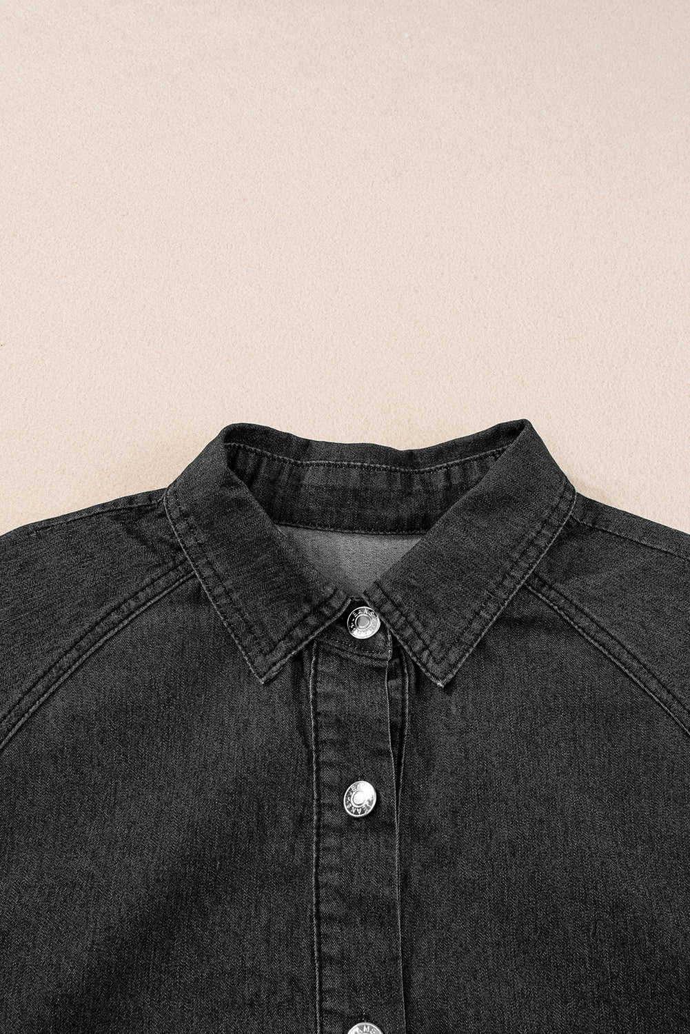 Black Frilled Short Sleeve Button Up Loose Denim Shirt Dress