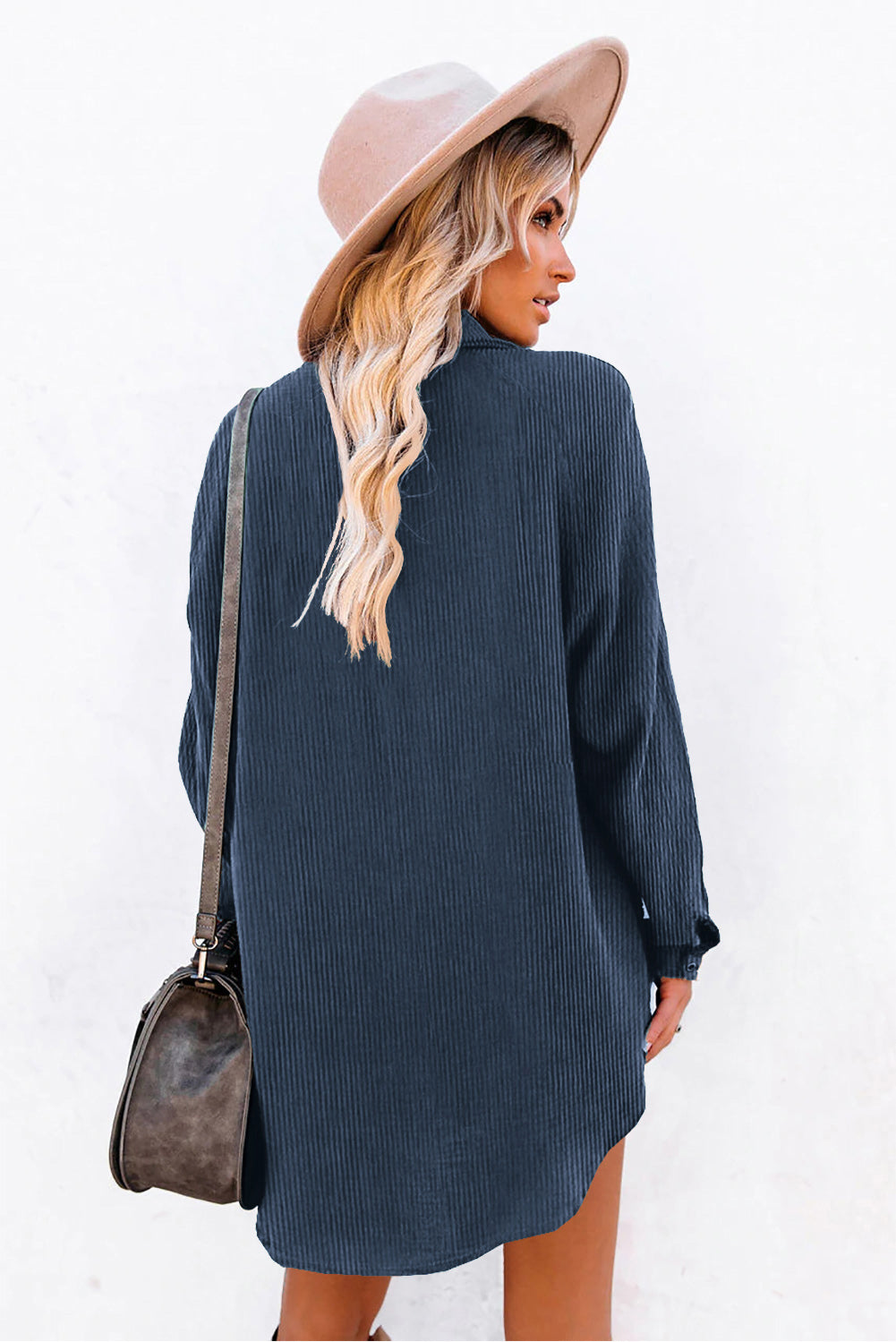 Blue Corduroy Shirt Style Full Button Long Sleeve Shift Mini Dress