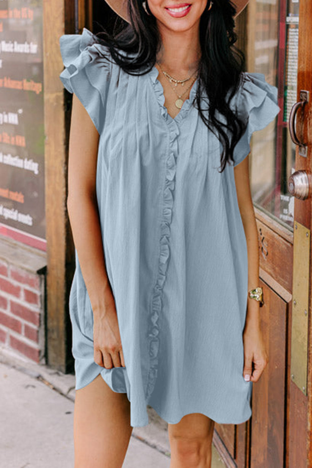 Beau Blue Frilled V Neck Pleated Ruffle Detail Short Shift Dress