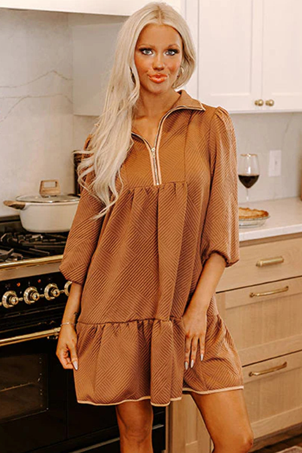 Desert Gold  Quarter Zip Collar Bracelet Sleeve Textured Mini Dress