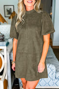 Moss Green Frilled Round Neck Short Puff Sleeve Shift Mini Dress