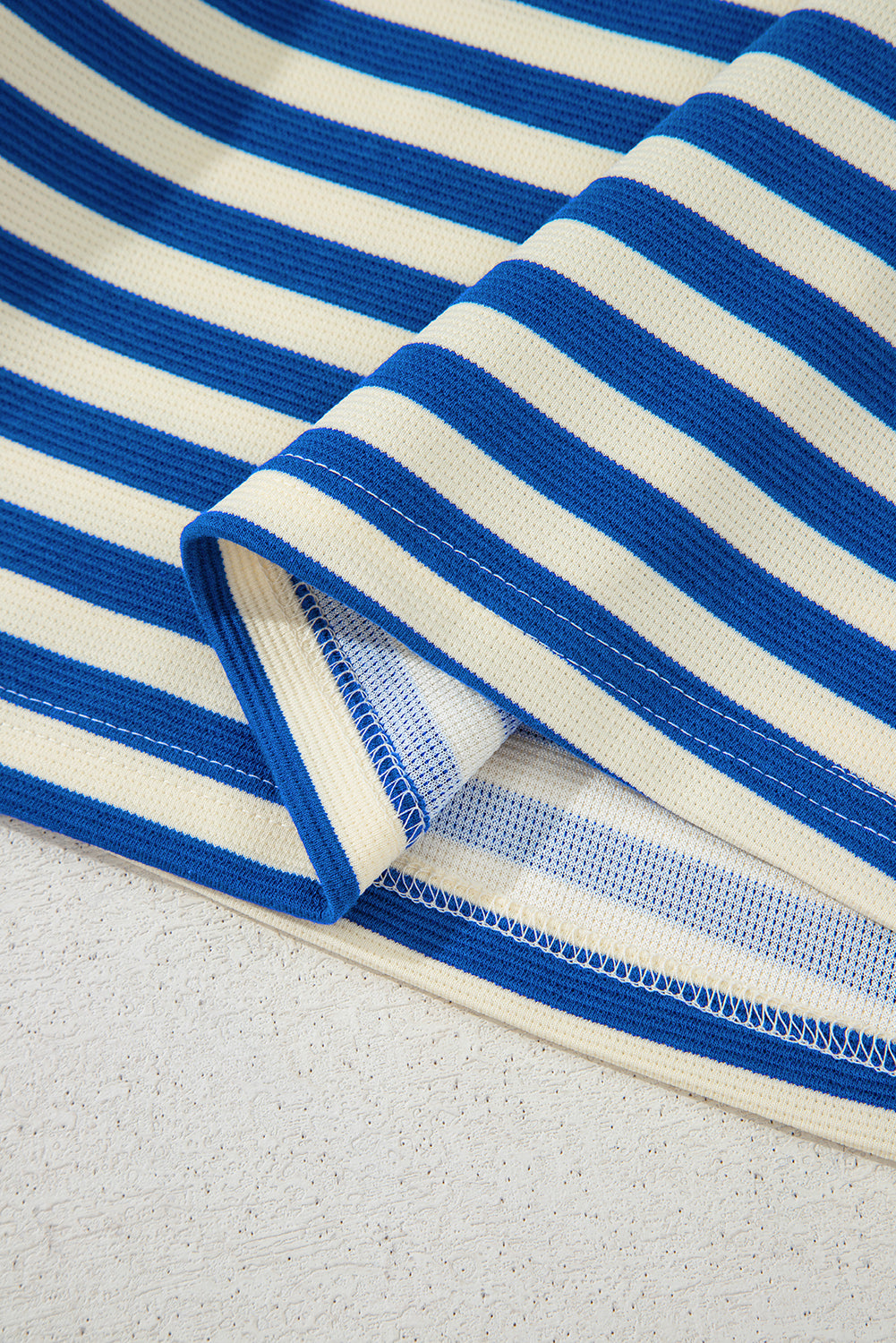 Dark Blue Stripe Print Contrast Collar Split Neck Flutter Sleeve Short Dress