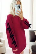 Racing Red Contrast Striped Bow Detail Drop Shoulder Sweatshirt Dress with Pockets
