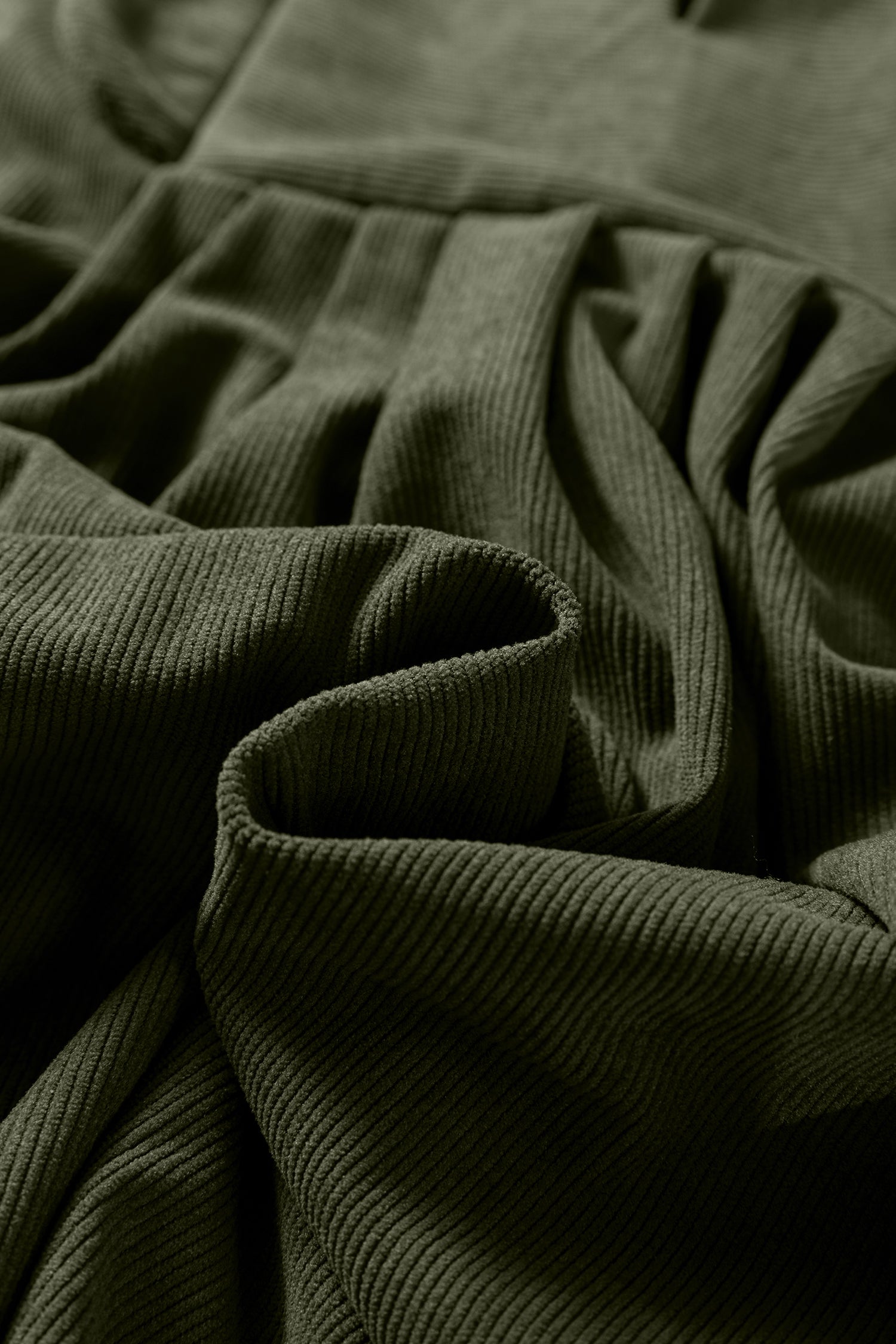 Moss Green Bracelet Sleeve Split Neck Scallop Detail Pleated Corduroy Mini Dress