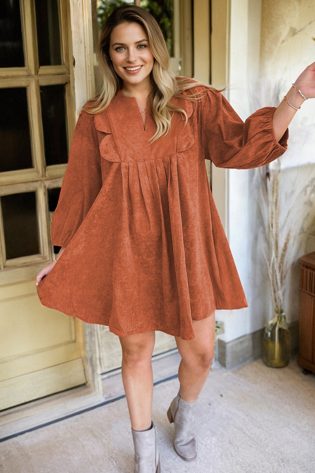 Cinnamon Bracelet Sleeve Split Neck Scallop Detail Pleated Corduroy Mini Dress
