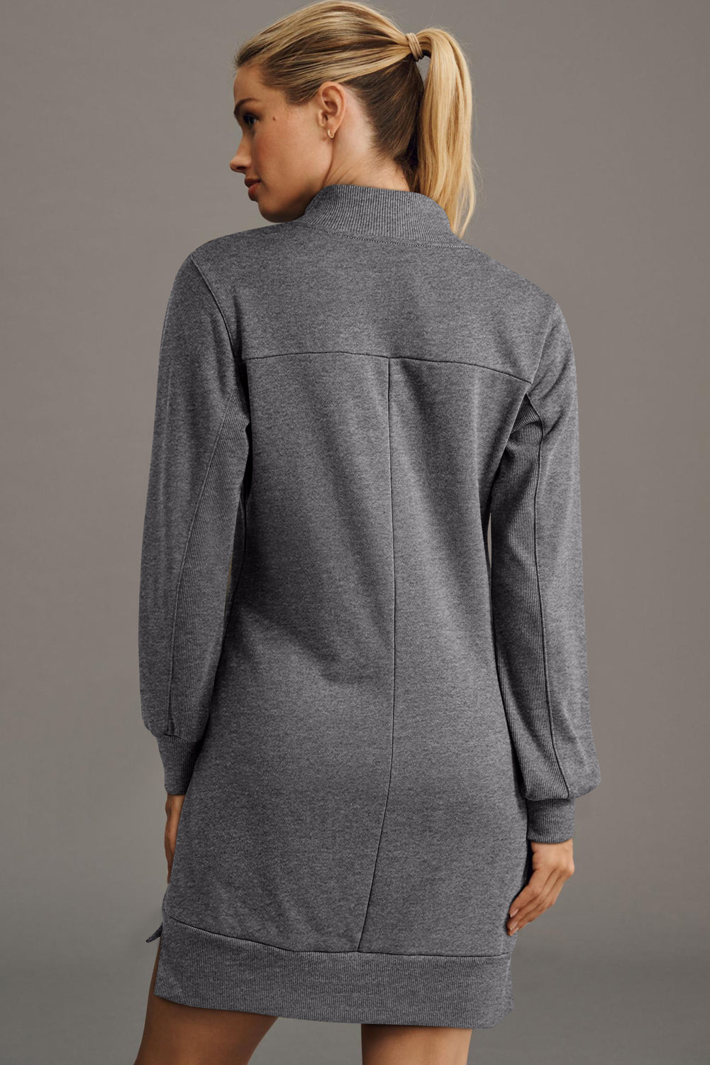 Dark Grey Zip up Collared Ribbed Patchwork Sweatshirt Dress with Pockets