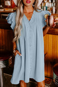 Beau Blue Frilled V Neck Pleated Ruffle Detail Short Shift Dress