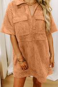 Thai Curry Collared V Neck Faux Suede Short Sleeve Shift Mini Dress