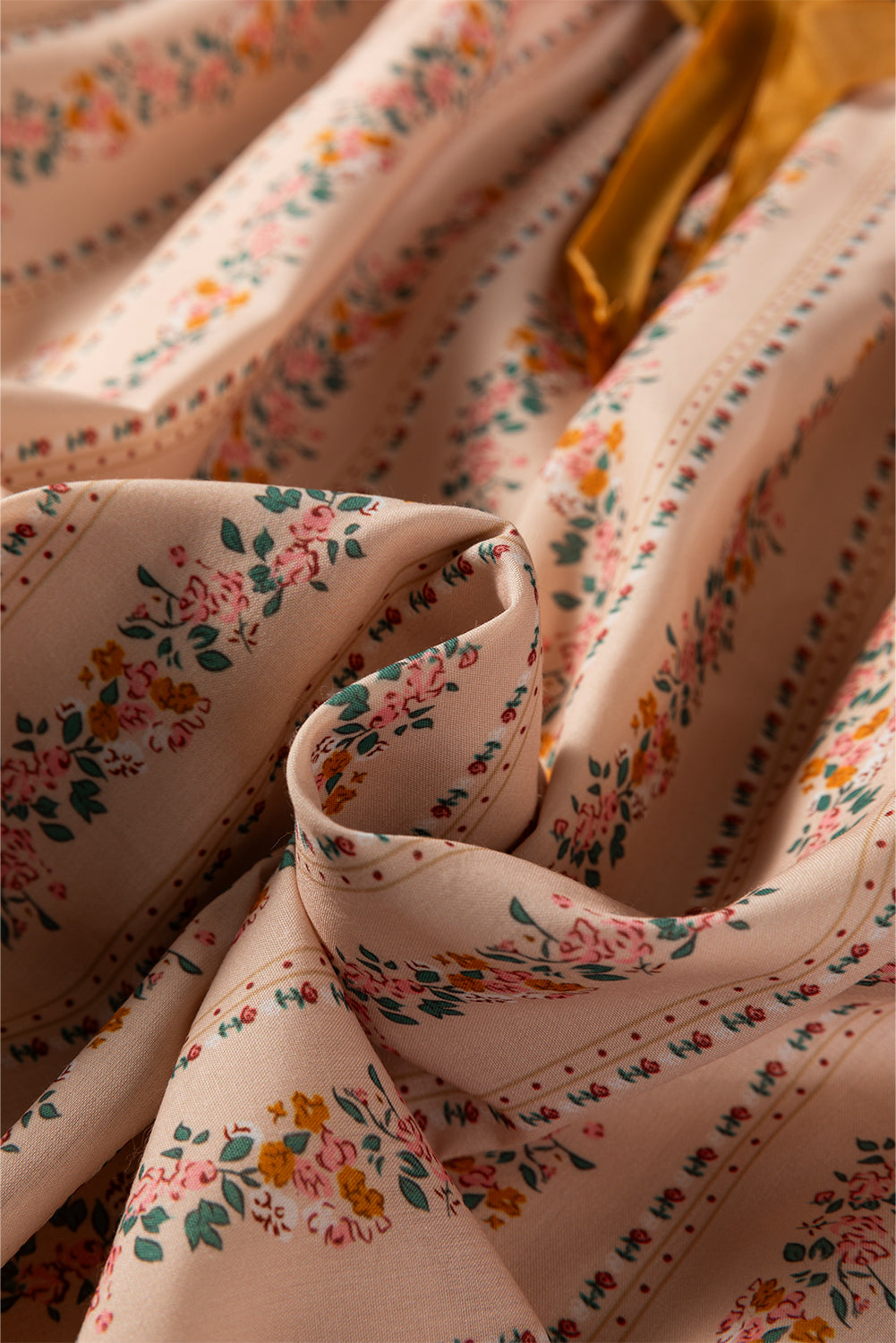 Khaki Floral Print Contrast Velvet Bow Lace Patchwork Long Sleeve Loose Mini Dress