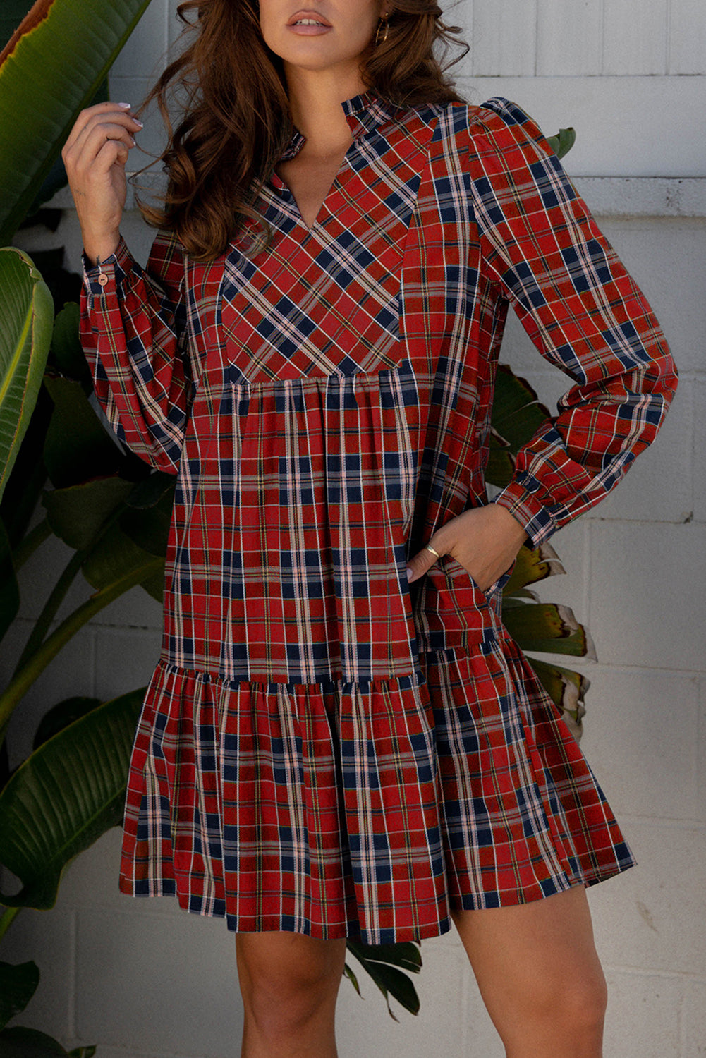 Red Plaid Print Frilly Collar Long Sleeve Shift Mini Dress