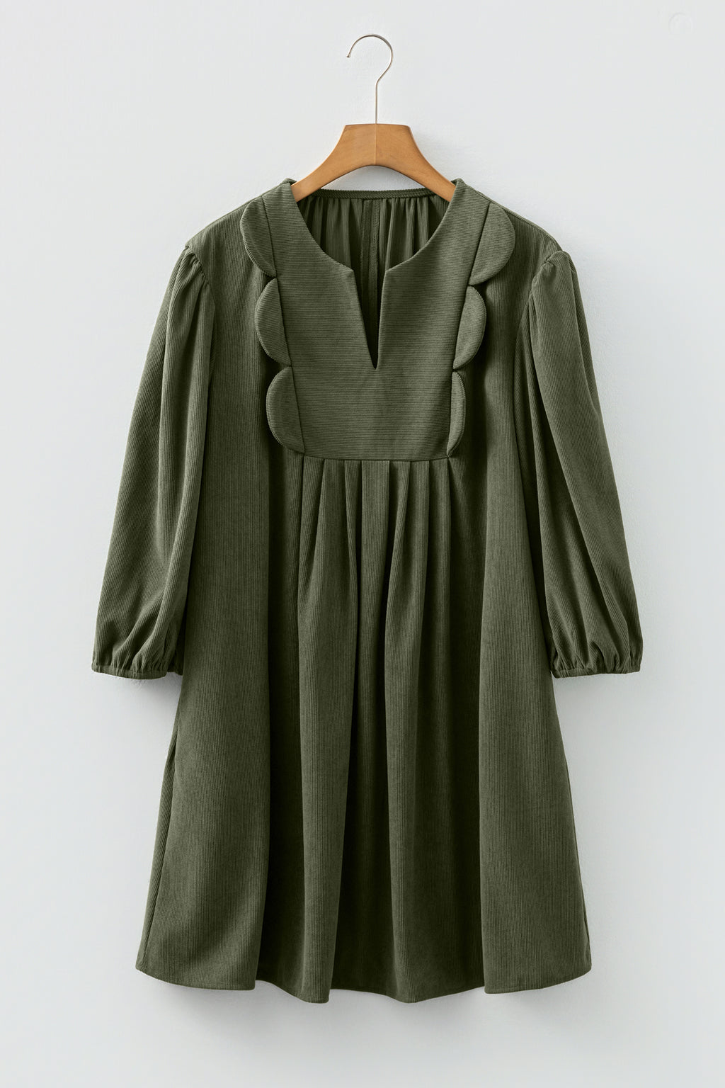 Moss Green Bracelet Sleeve Split Neck Scallop Detail Pleated Corduroy Mini Dress