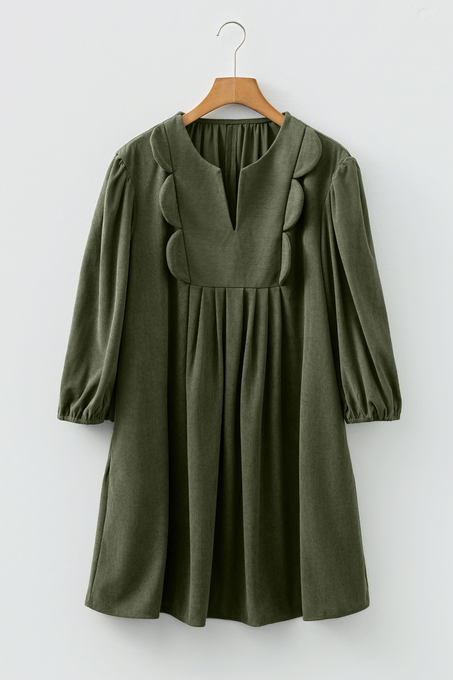 Moss Green Bracelet Sleeve Split Neck Scallop Detail Pleated Corduroy Mini Dress
