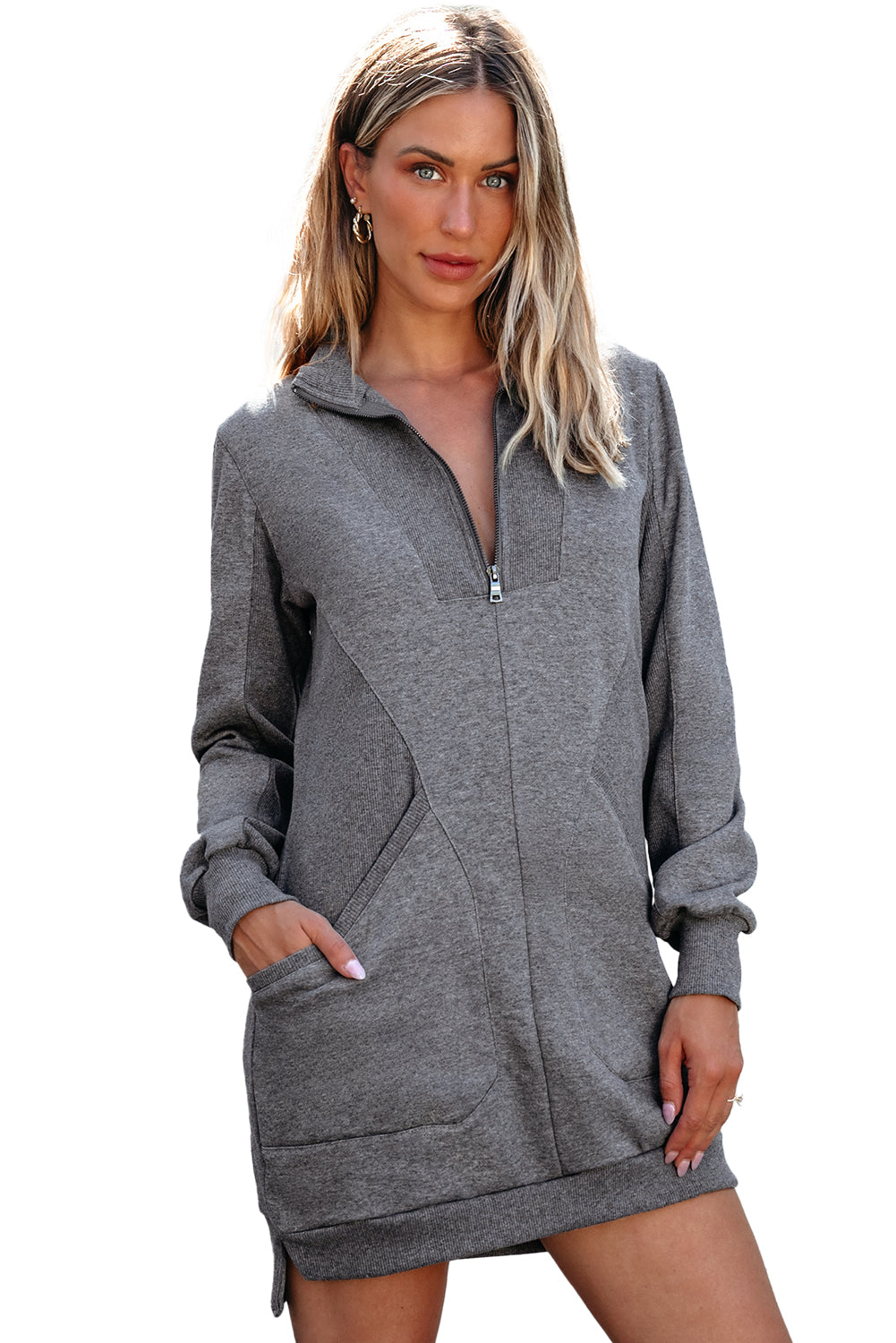 Dark Grey Zip up Collared Ribbed Patchwork Sweatshirt Dress with Pockets