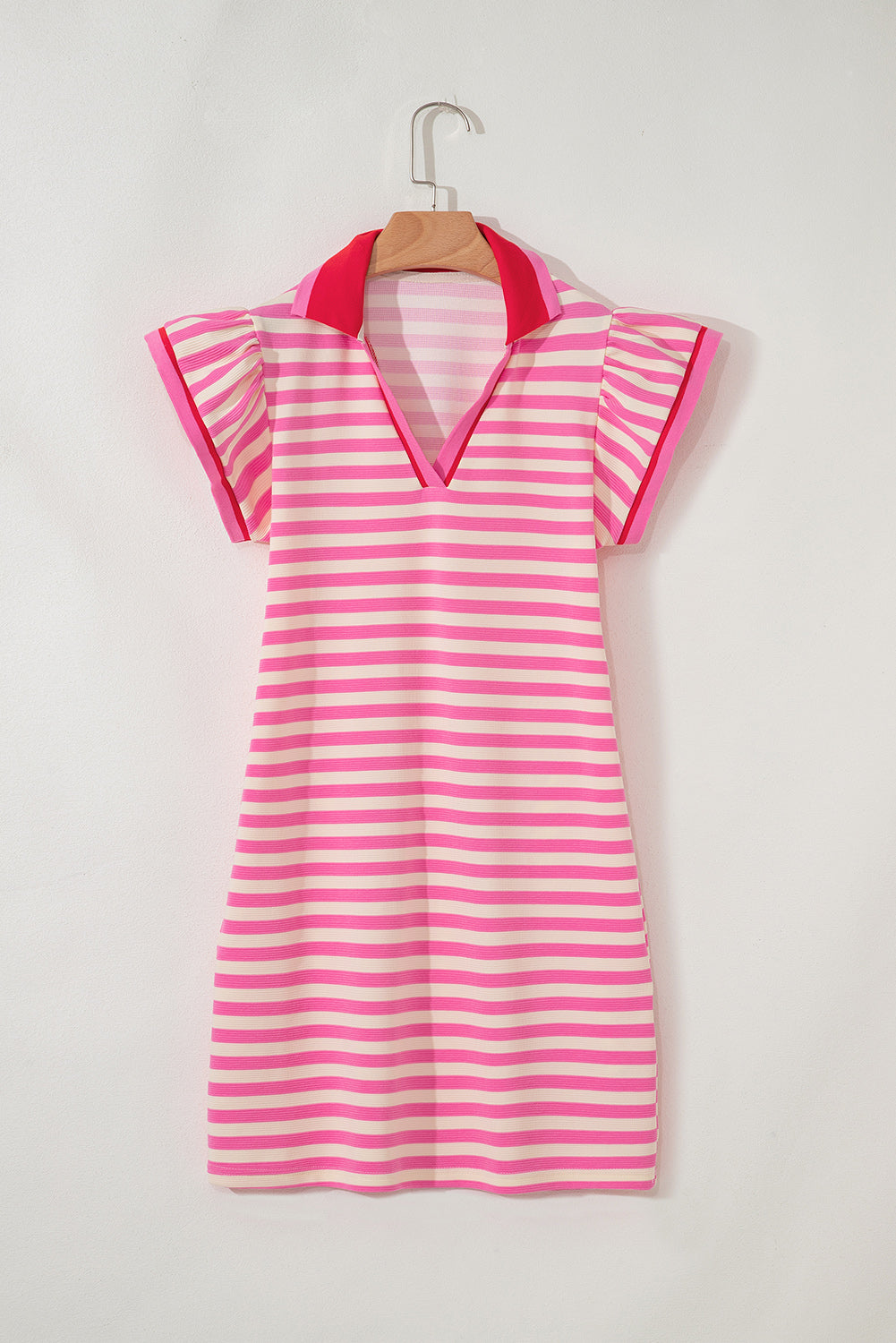 Sachet Pink Stripe Print Contrast Collar Split Neck Flutter Sleeve Short Dress
