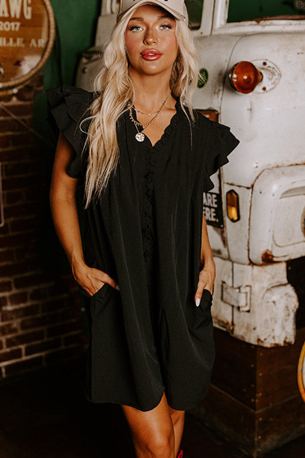 Black Frilled V Neck Pleated Ruffle Detail Short Shift Dress