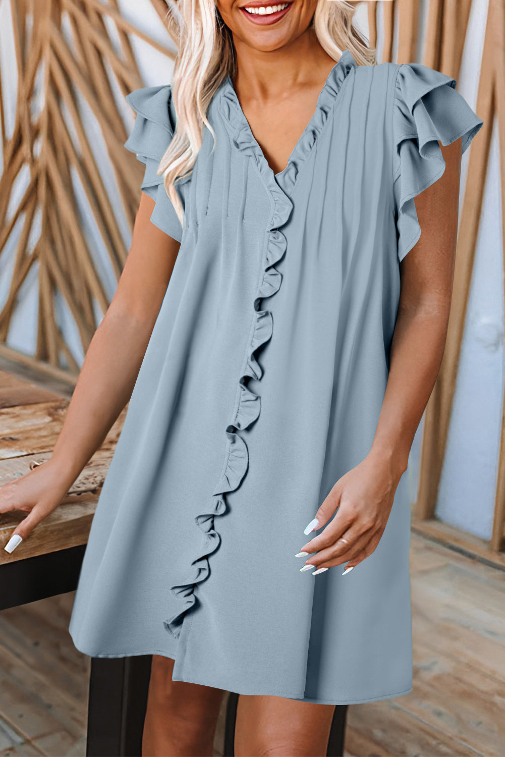 Beau Blue Frilled V Neck Pleated Ruffle Detail Short Shift Dress