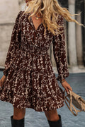 Brown Ditsy Floral Print Split Neck Long Sleeve Shirred Waist Flared Mini Dress