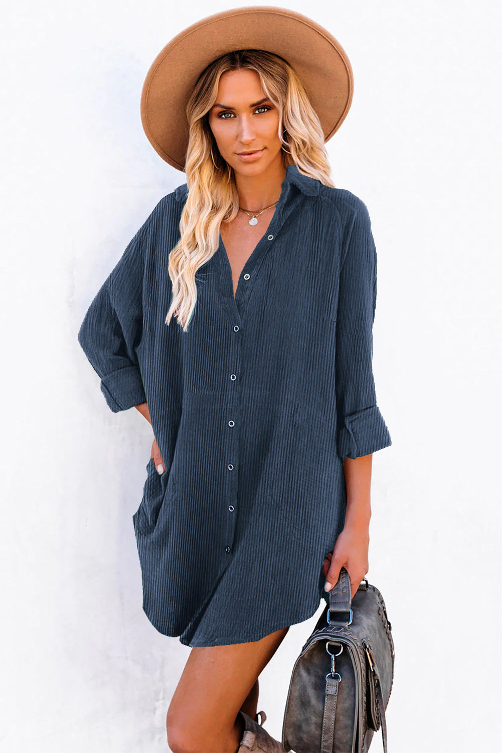 Blue Corduroy Shirt Style Full Button Long Sleeve Shift Mini Dress