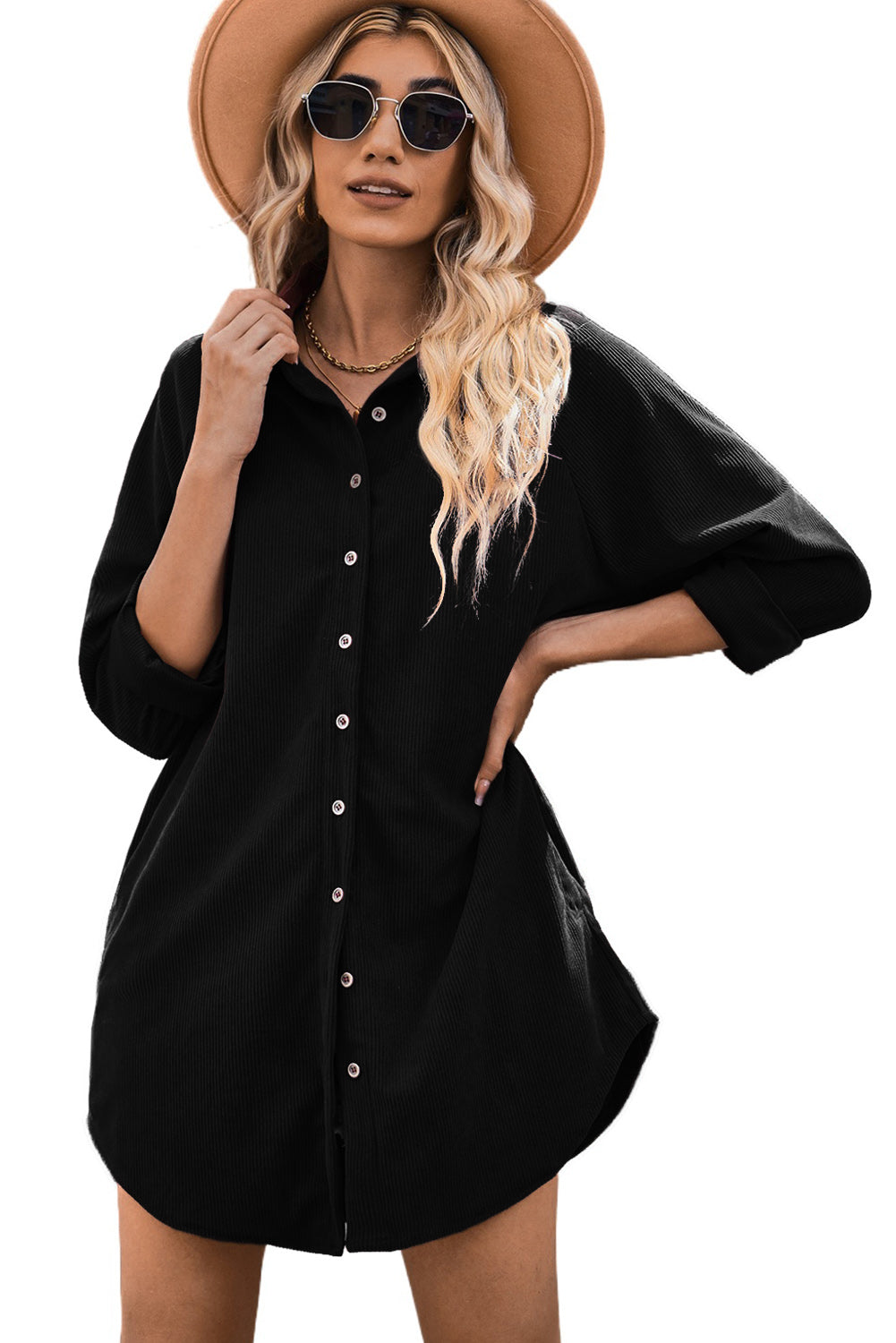 Black Corduroy Shirt Style Full Button Long Sleeve Shift Mini Dress