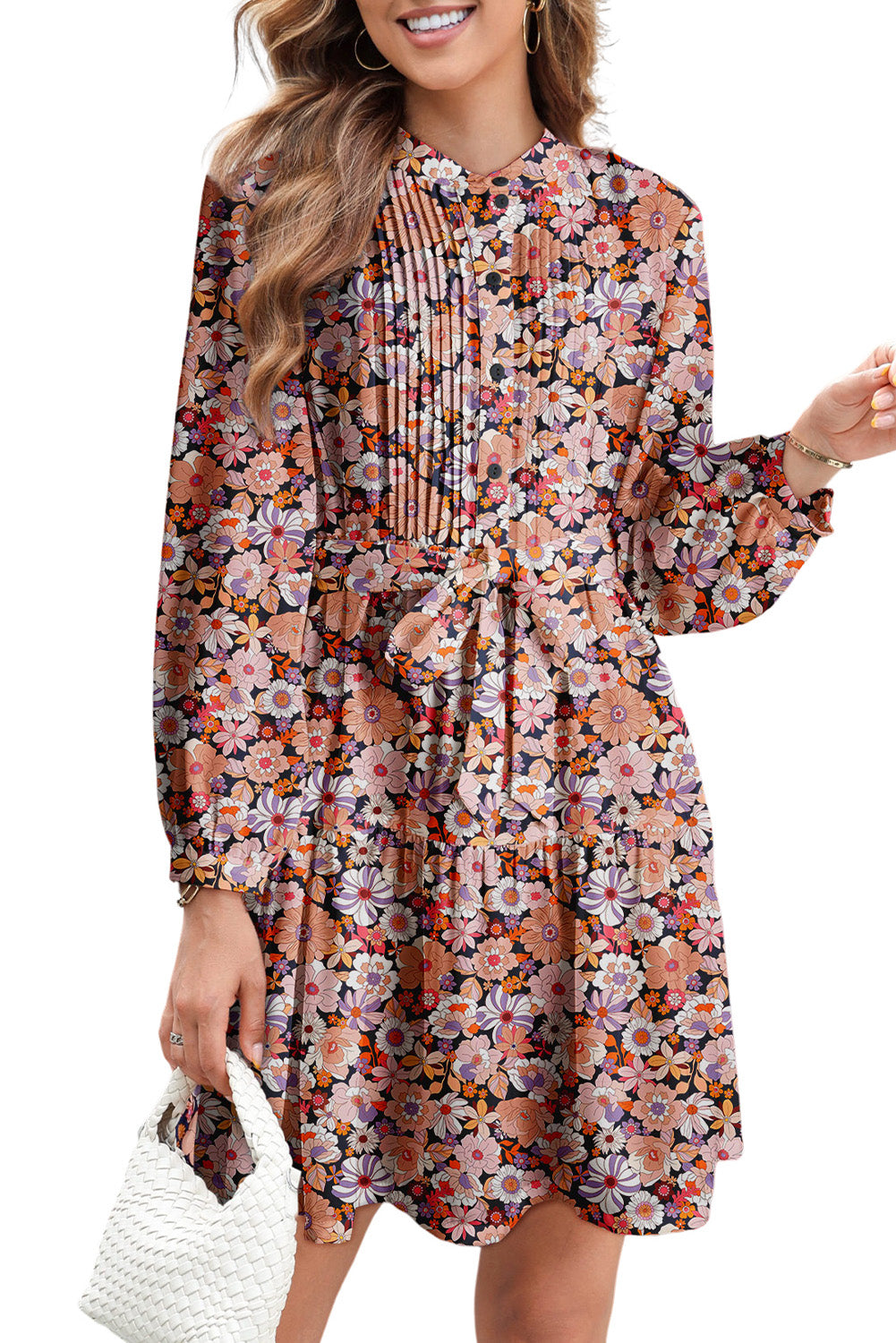 Multicolour Floral Print Long Sleeve Pleated Detail Bleted Mini Dress