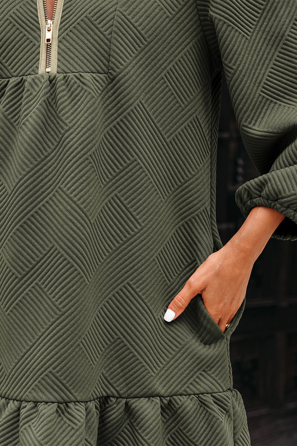 Dearlove Jungle Green  Quarter Zip Collar Bracelet Sleeve Textured Mini Dress