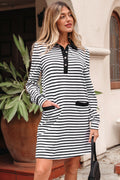 White Stripe Buttoned Front Collared Long Sleeve T Shirt Dress with Pockets