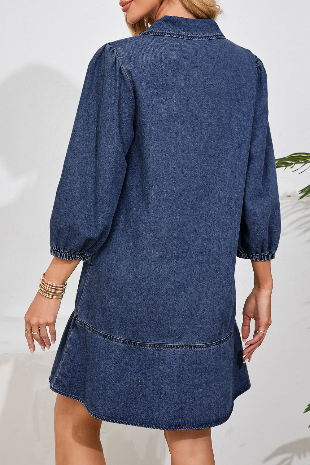 Sail Blue V Neck Collared Single Chest Pocket Long Sleeve Denim Dress