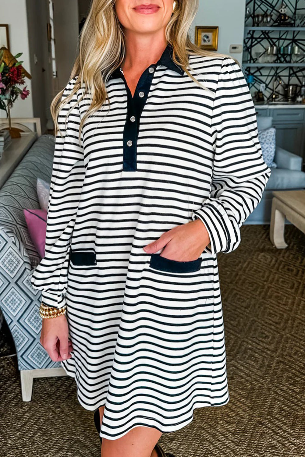 White Stripe Buttoned Front Collared Long Sleeve T Shirt Dress with Pockets