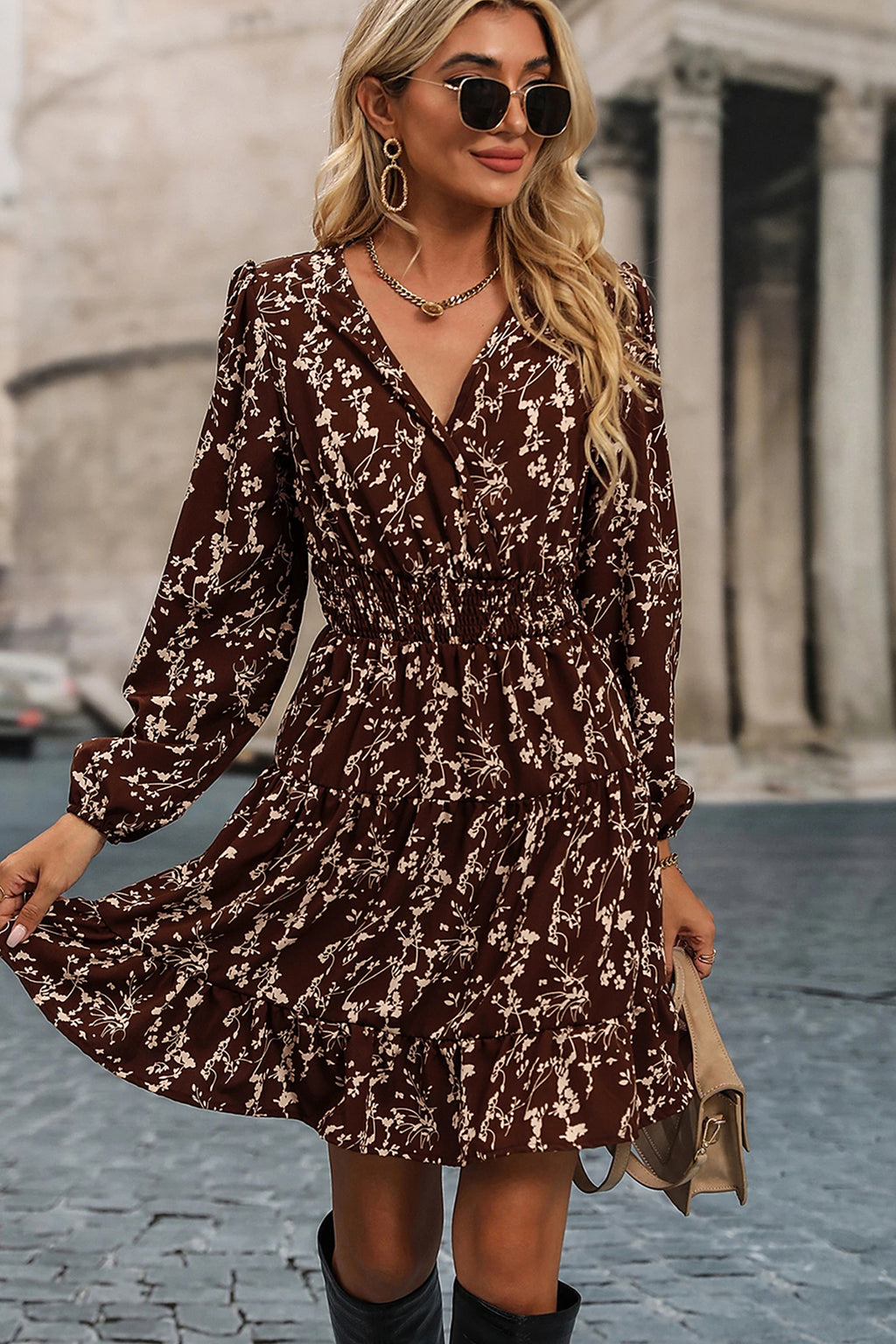 Brown Ditsy Floral Print Split Neck Long Sleeve Shirred Waist Flared Mini Dress