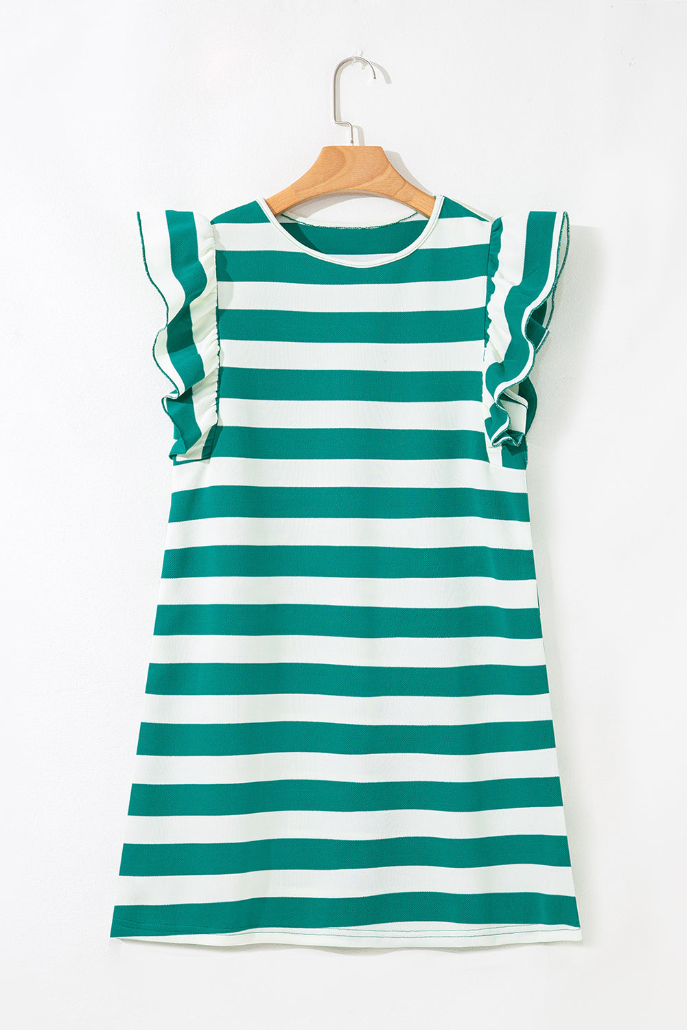 Green Stripe Flutter Sleeve Round Neck Shift Dress